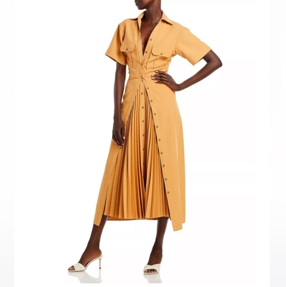 A.L.C. Florence Pleated Shirt Dress Raffia Tan Maxi Size 4 - Picture 2 of 13
